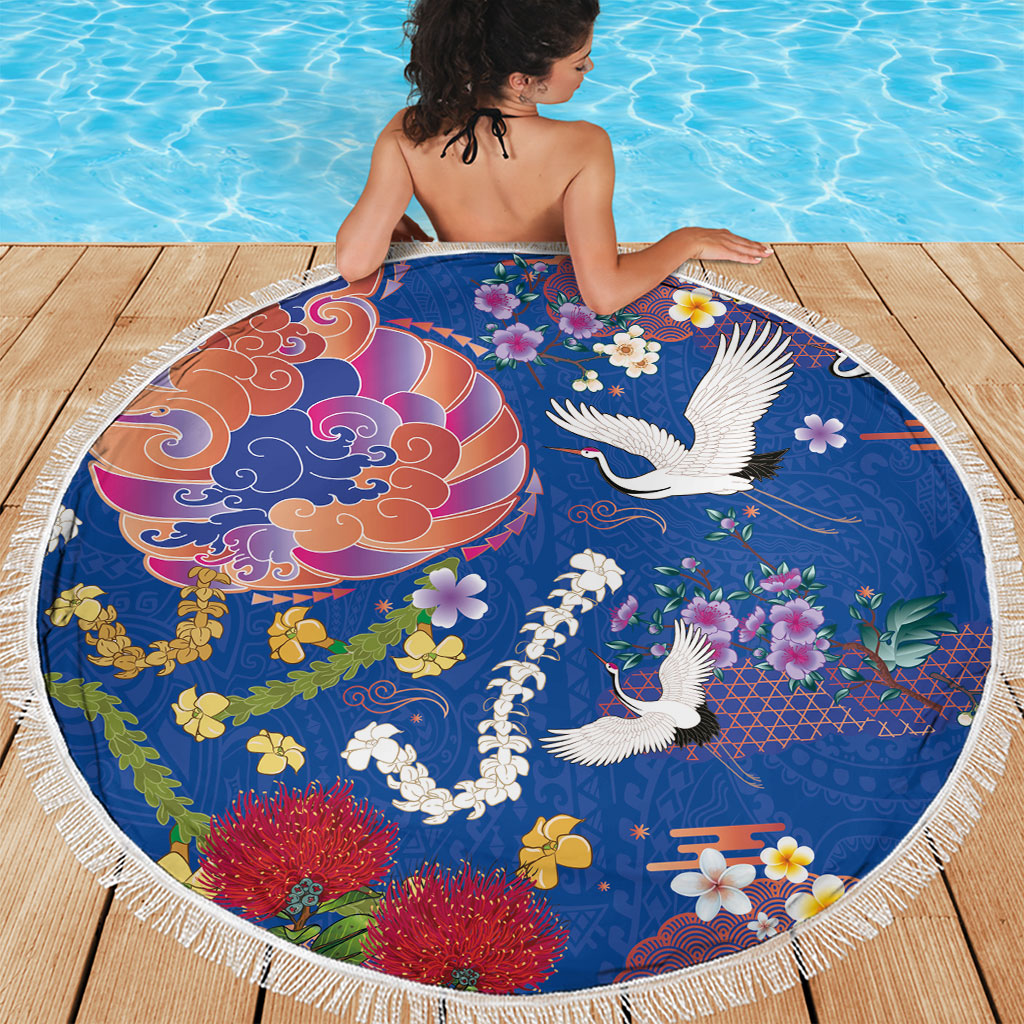 Hawaiian and Japanese Culture Together Beach Blanket Kakau Tribal Pattern and Irezumi Art Blue Color LT03 - Polynesian Pride