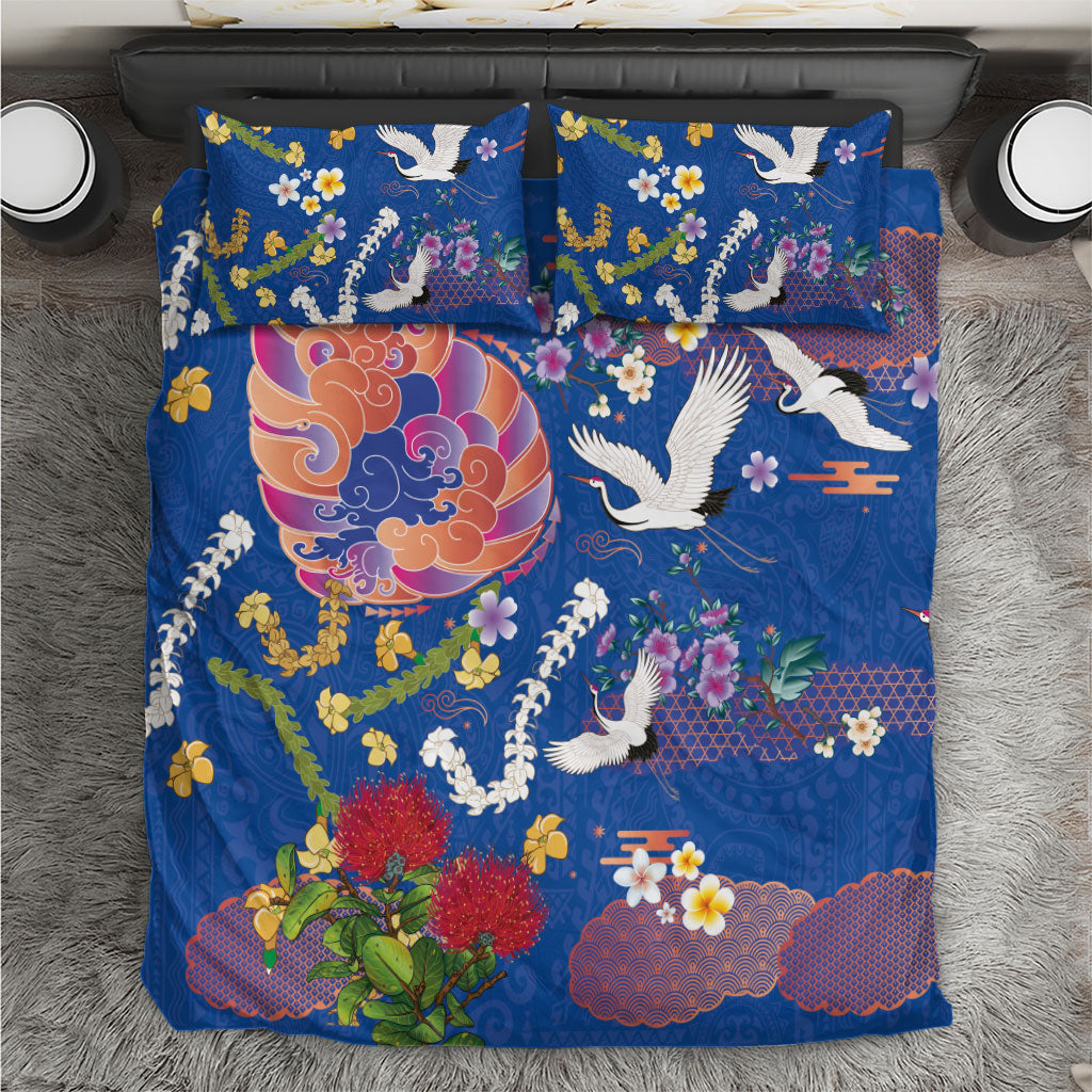 Hawaiian and Japanese Culture Together Bedding Set Kakau Tribal Pattern and Irezumi Art Blue Color LT03 Blue - Polynesian Pride