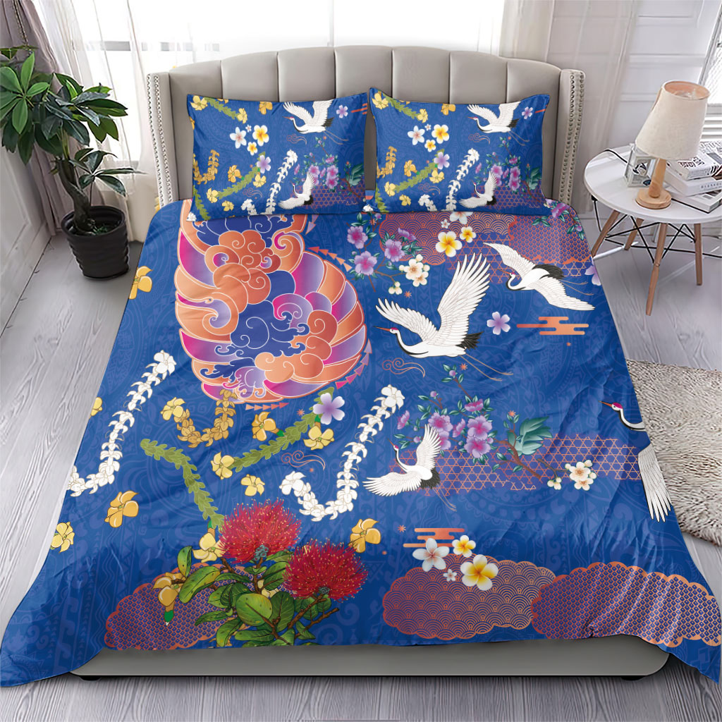 Hawaiian and Japanese Culture Together Bedding Set Kakau Tribal Pattern and Irezumi Art Blue Color LT03 - Polynesian Pride