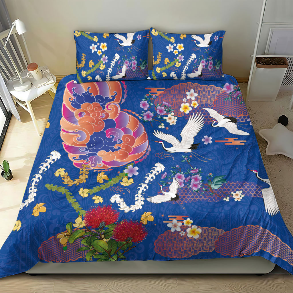 Hawaiian and Japanese Culture Together Bedding Set Kakau Tribal Pattern and Irezumi Art Blue Color LT03 - Polynesian Pride