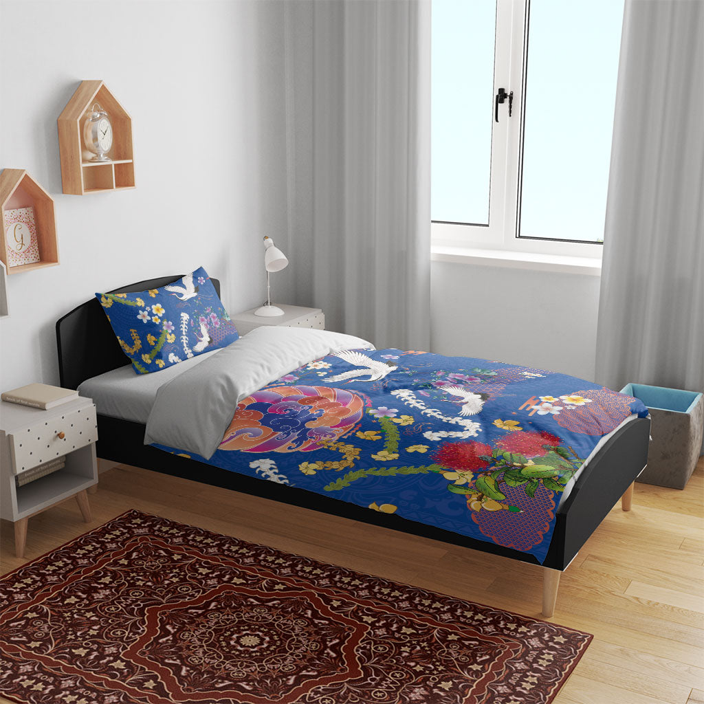 Hawaiian and Japanese Culture Together Bedding Set Kakau Tribal Pattern and Irezumi Art Blue Color LT03 - Polynesian Pride