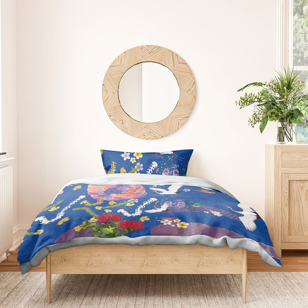 Hawaiian and Japanese Culture Together Bedding Set Kakau Tribal Pattern and Irezumi Art Blue Color LT03 - Polynesian Pride