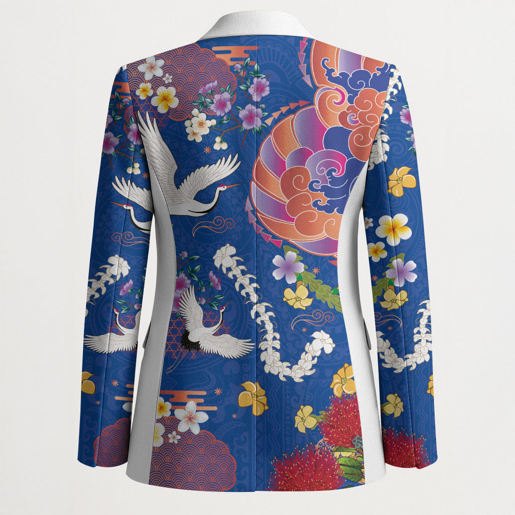 Hawaiian and Japanese Culture Together Blazer Kakau Tribal Pattern and Irezumi Art Blue Color