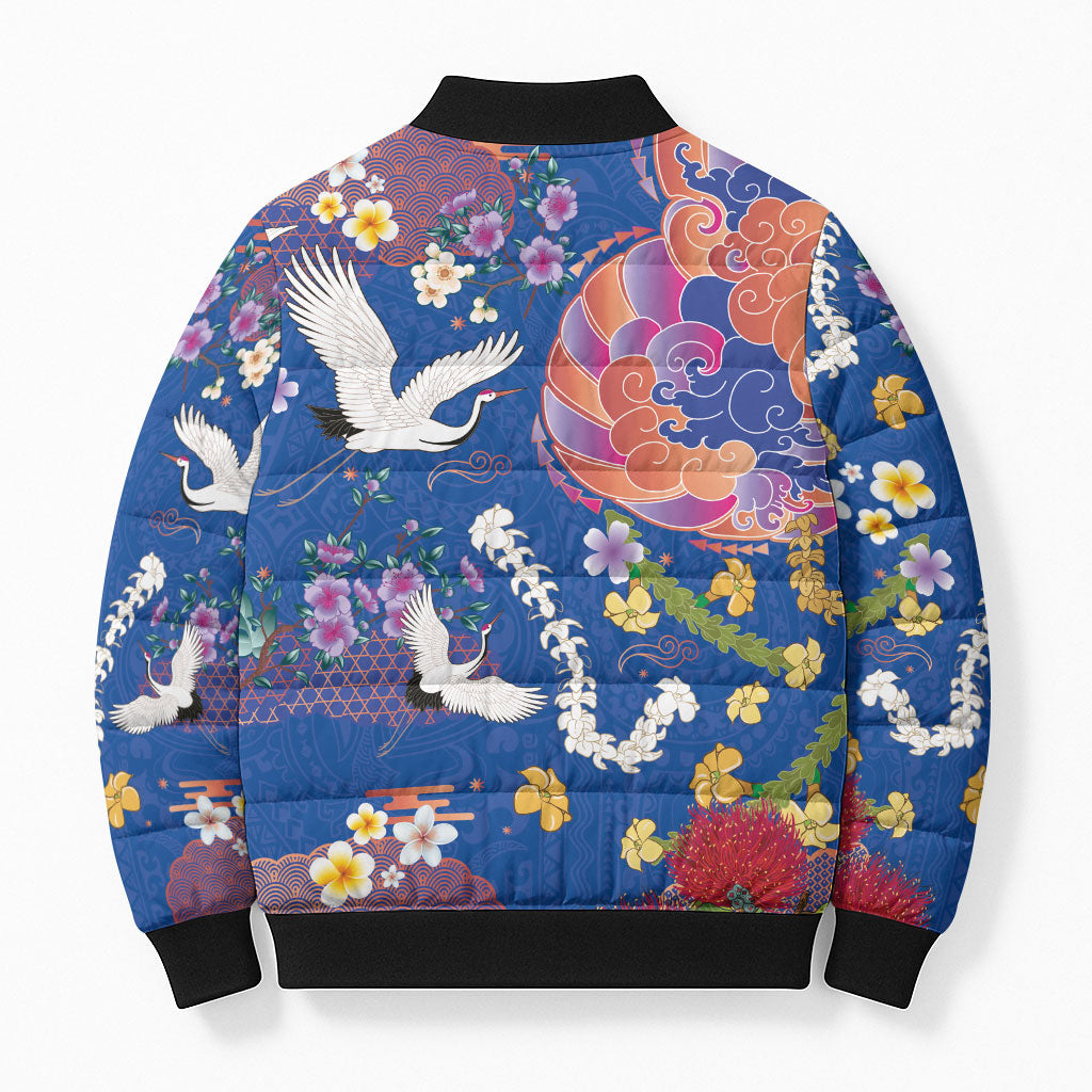 Hawaiian and Japanese Culture Together Bomber Puffer Jacket Kakau Tribal Pattern and Irezumi Art Blue Color