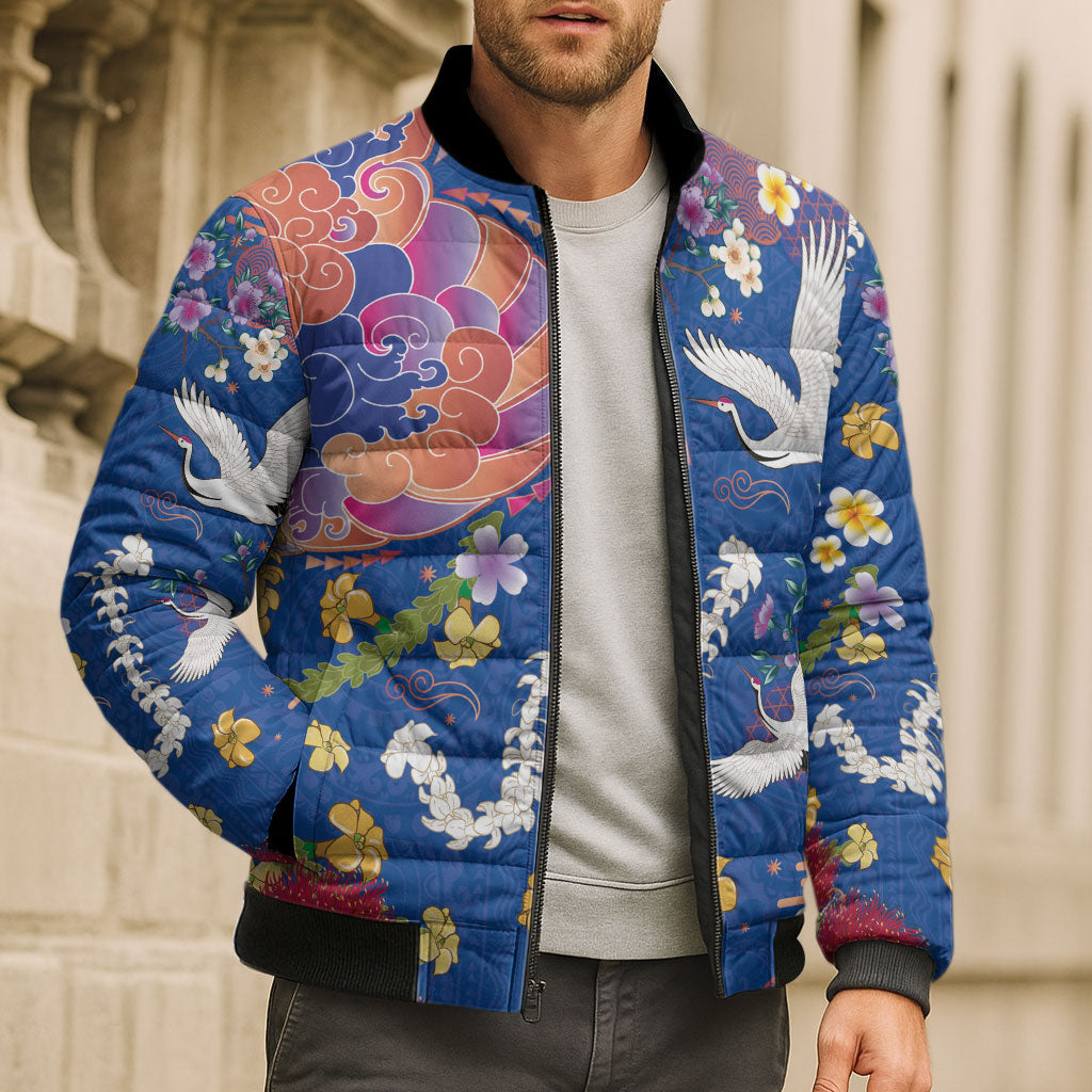 Hawaiian and Japanese Culture Together Bomber Puffer Jacket Kakau Tribal Pattern and Irezumi Art Blue Color