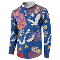 Hawaiian and Japanese Culture Together Button Sweatshirt Kakau Tribal Pattern and Irezumi Art Blue Color