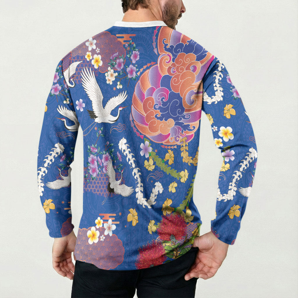 Hawaiian and Japanese Culture Together Button Sweatshirt Kakau Tribal Pattern and Irezumi Art Blue Color