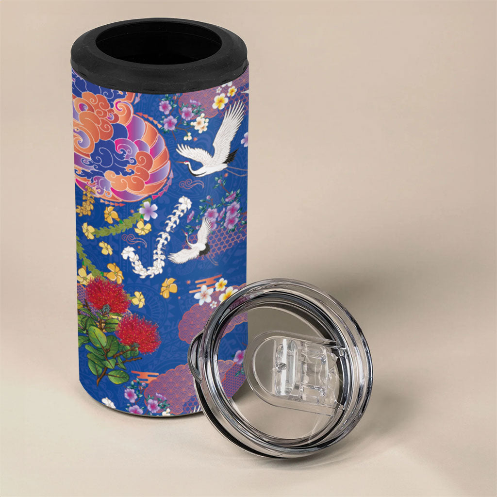 Hawaiian and Japanese Culture Together 4 in 1 Can Cooler Tumbler Kakau Tribal Pattern and Irezumi Art Blue Color LT03 - Polynesian Pride