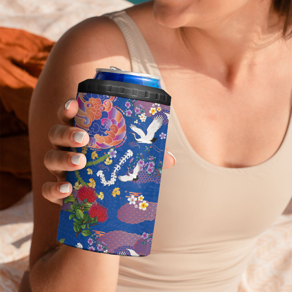 Hawaiian and Japanese Culture Together 4 in 1 Can Cooler Tumbler Kakau Tribal Pattern and Irezumi Art Blue Color LT03 - Polynesian Pride