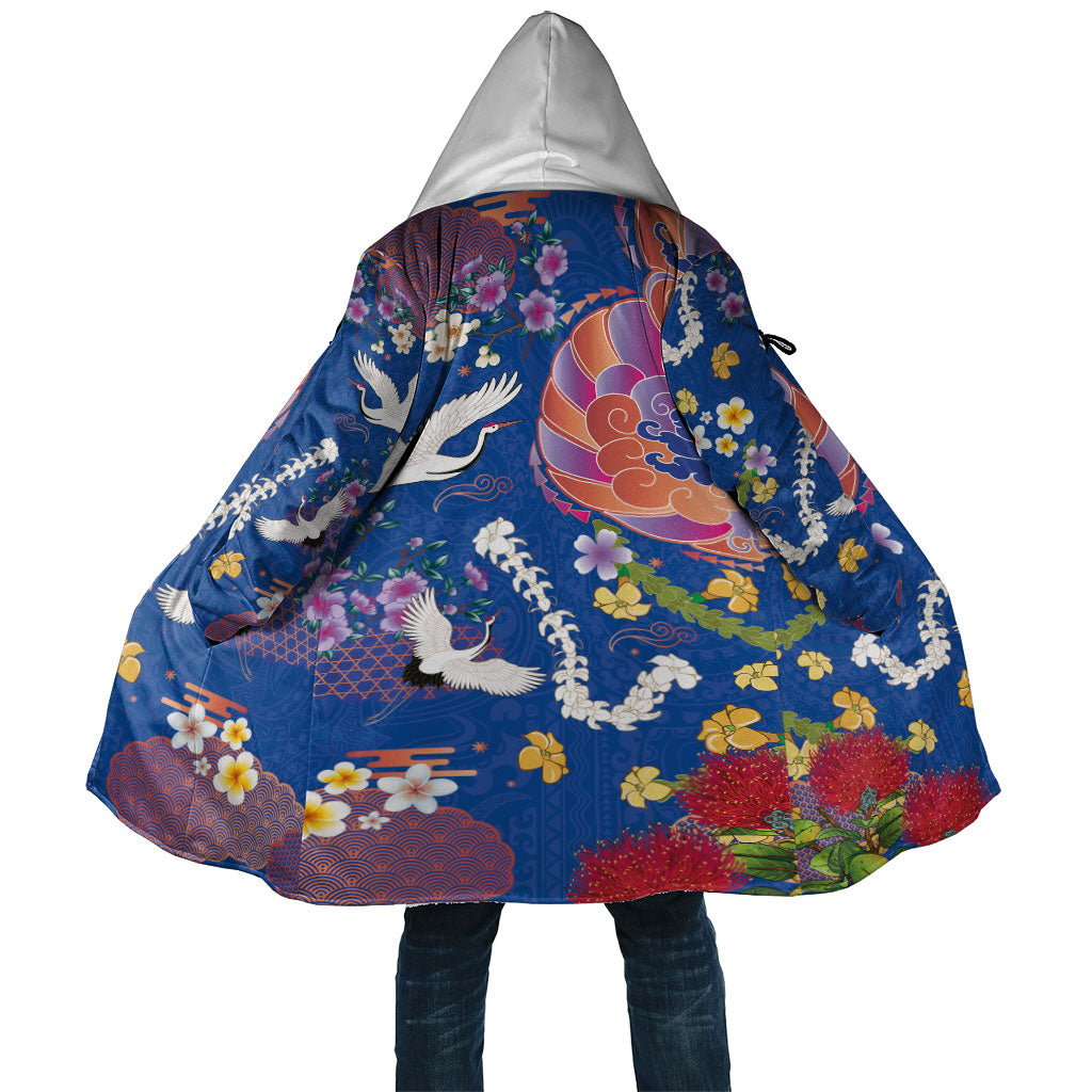 Hawaiian and Japanese Culture Together Cloak Kakau Tribal Pattern and Irezumi Art Blue Color