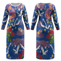 Hawaiian and Japanese Culture Together Couples Matching Long Sleeve Bodycon Dress and Hawaiian Shirt Kakau Tribal Pattern and Irezumi Art Blue Color LT03 - Polynesian Pride