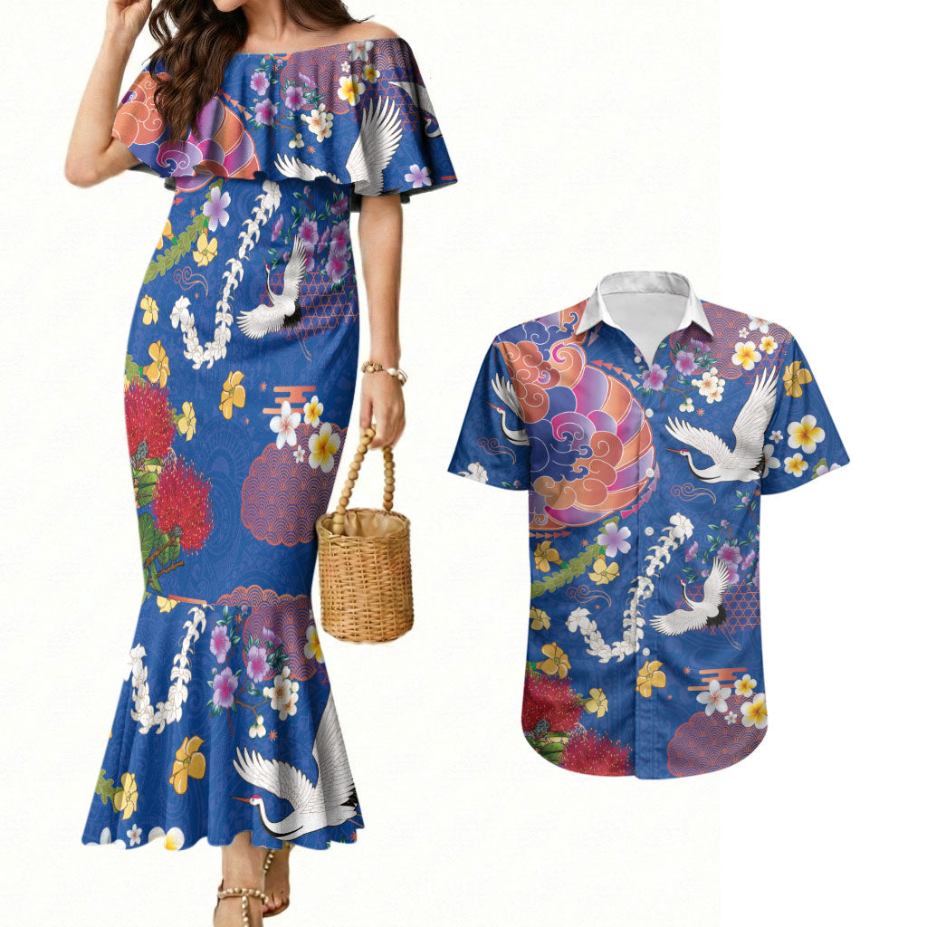 Hawaiian and Japanese Culture Together Couples Matching Mermaid Dress and Hawaiian Shirt Kakau Tribal Pattern and Irezumi Art Blue Color LT03 Blue - Polynesian Pride