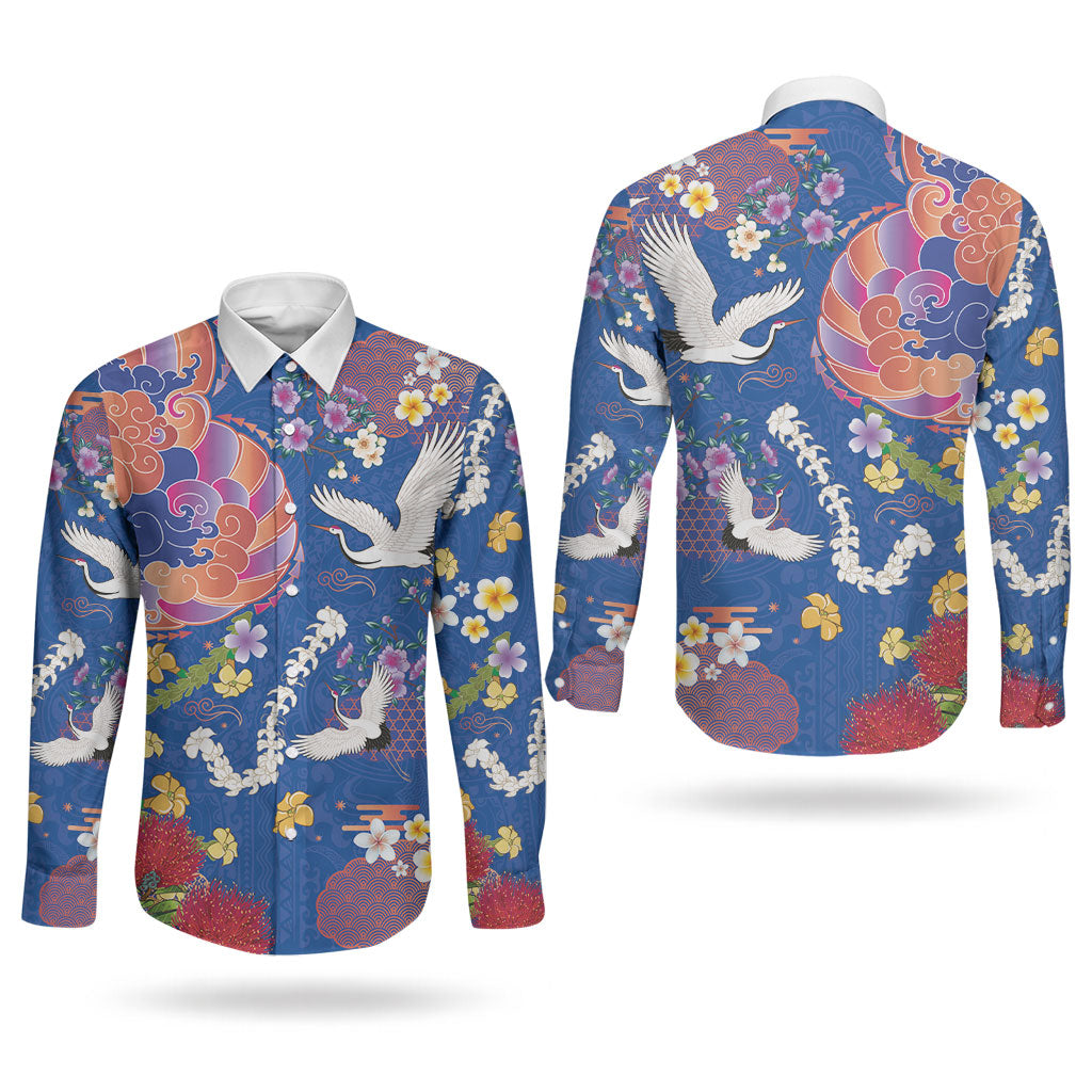 Hawaiian and Japanese Culture Together Couples Matching Mermaid Dress and Long Sleeve Button Shirt Kakau Tribal Pattern and Irezumi Art Blue Color LT03 - Polynesian Pride
