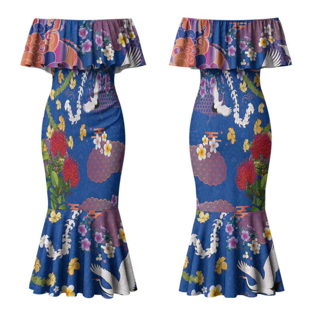 Hawaiian and Japanese Culture Together Couples Matching Mermaid Dress and Long Sleeve Button Shirt Kakau Tribal Pattern and Irezumi Art Blue Color LT03 - Polynesian Pride