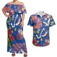 Hawaiian and Japanese Culture Together Couples Matching Off Shoulder Maxi Dress and Hawaiian Shirt Kakau Tribal Pattern and Irezumi Art Blue Color LT03 Blue - Polynesian Pride