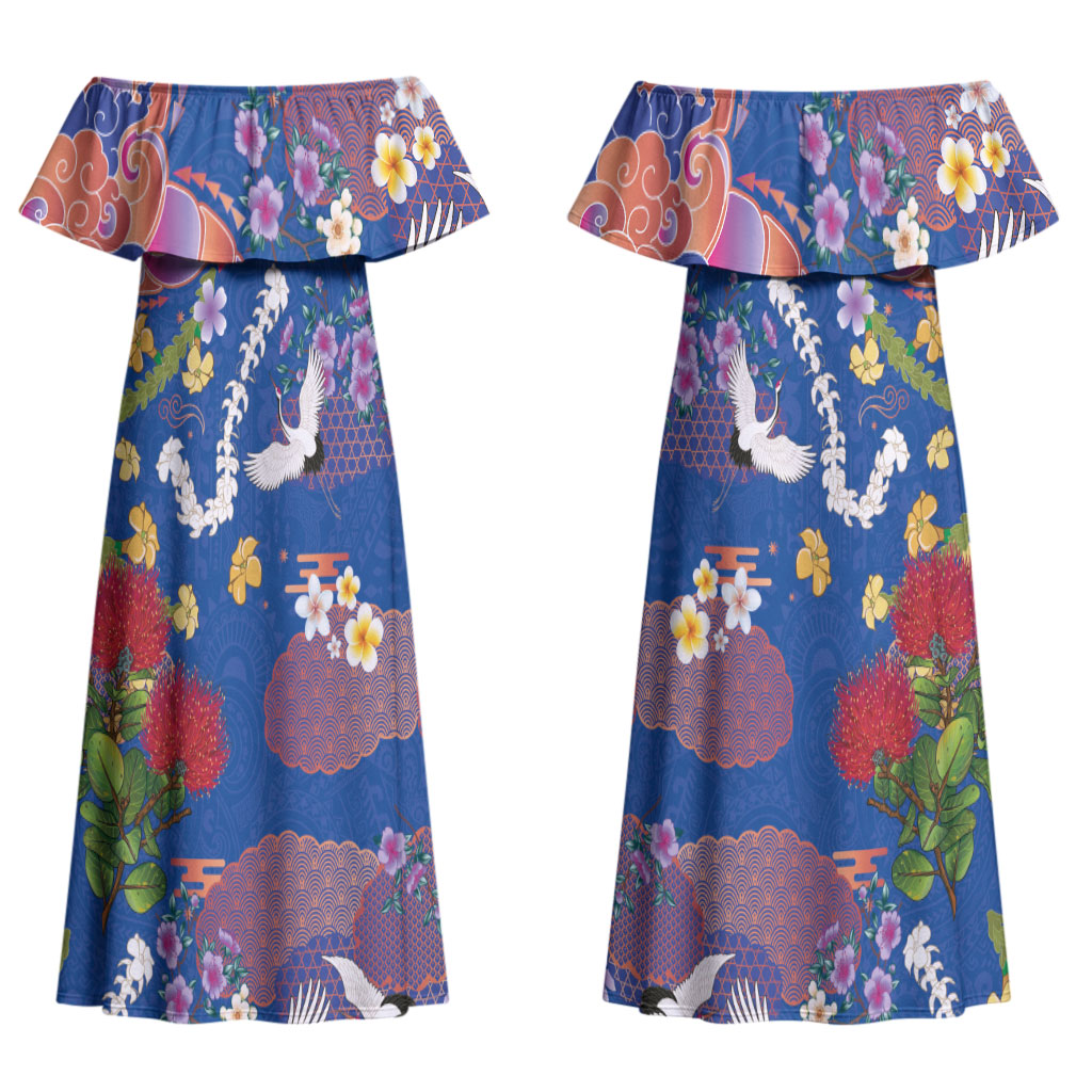 Hawaiian and Japanese Culture Together Couples Matching Off Shoulder Maxi Dress and Hawaiian Shirt Kakau Tribal Pattern and Irezumi Art Blue Color LT03 - Polynesian Pride