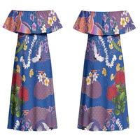 Hawaiian and Japanese Culture Together Couples Matching Off Shoulder Maxi Dress and Hawaiian Shirt Kakau Tribal Pattern and Irezumi Art Blue Color LT03 - Polynesian Pride