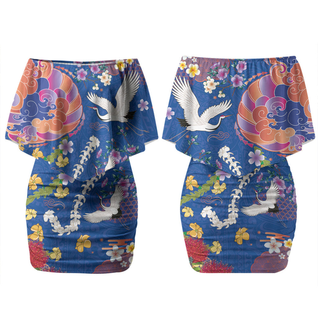 Hawaiian and Japanese Culture Together Couples Matching Off Shoulder Short Dress and Long Sleeve Button Shirt Kakau Tribal Pattern and Irezumi Art Blue Color LT03 - Polynesian Pride