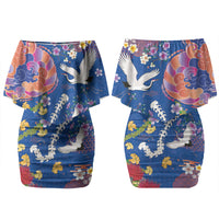Hawaiian and Japanese Culture Together Couples Matching Off Shoulder Short Dress and Long Sleeve Button Shirt Kakau Tribal Pattern and Irezumi Art Blue Color LT03 - Polynesian Pride