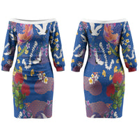 Hawaiian and Japanese Culture Together Couples Matching Off The Shoulder Long Sleeve Dress and Hawaiian Shirt Kakau Tribal Pattern and Irezumi Art Blue Color LT03 - Polynesian Pride