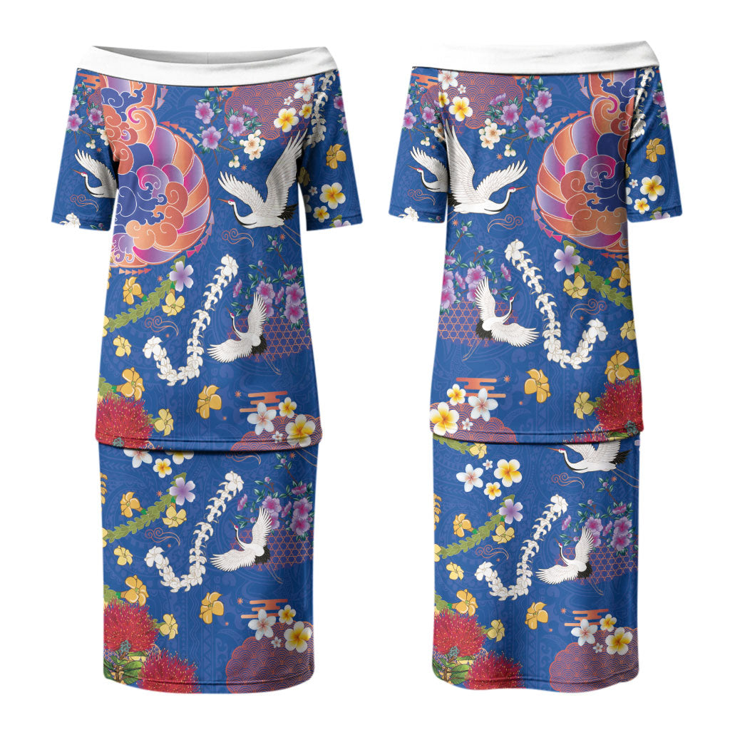 Hawaiian and Japanese Culture Together Couples Matching Puletasi and Hawaiian Shirt Kakau Tribal Pattern and Irezumi Art Blue Color LT03 - Polynesian Pride