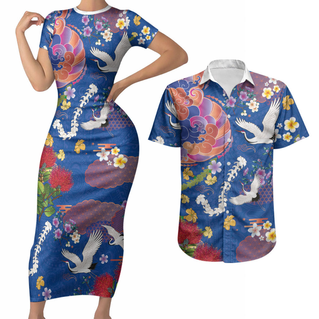 Hawaiian and Japanese Culture Together Couples Matching Short Sleeve Bodycon Dress and Hawaiian Shirt Kakau Tribal Pattern and Irezumi Art Blue Color LT03 Blue - Polynesian Pride