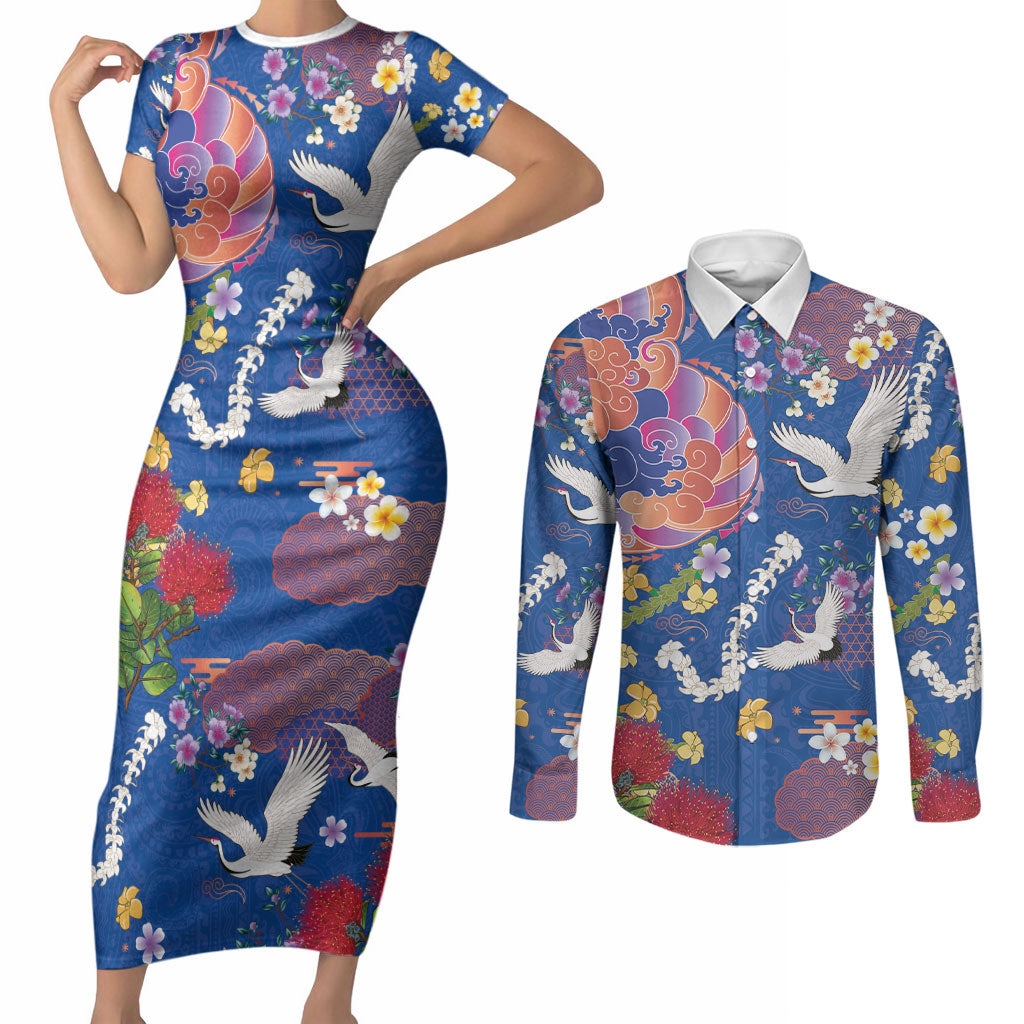 Hawaiian and Japanese Culture Together Couples Matching Short Sleeve Bodycon Dress and Long Sleeve Button Shirt Kakau Tribal Pattern and Irezumi Art Blue Color