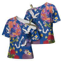 Hawaiian and Japanese Culture Together Cross Shoulder Shirt Kakau Tribal Pattern and Irezumi Art Blue Color