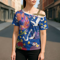 Hawaiian and Japanese Culture Together Cross Shoulder Shirt Kakau Tribal Pattern and Irezumi Art Blue Color