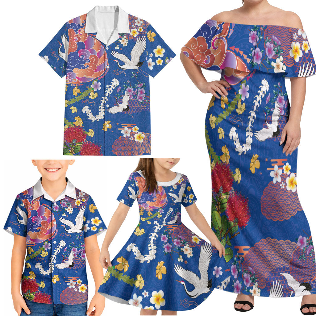 Hawaiian and Japanese Culture Together Family Matching Off Shoulder Maxi Dress and Hawaiian Shirt Kakau Tribal Pattern and Irezumi Art Blue Color LT03 - Polynesian Pride