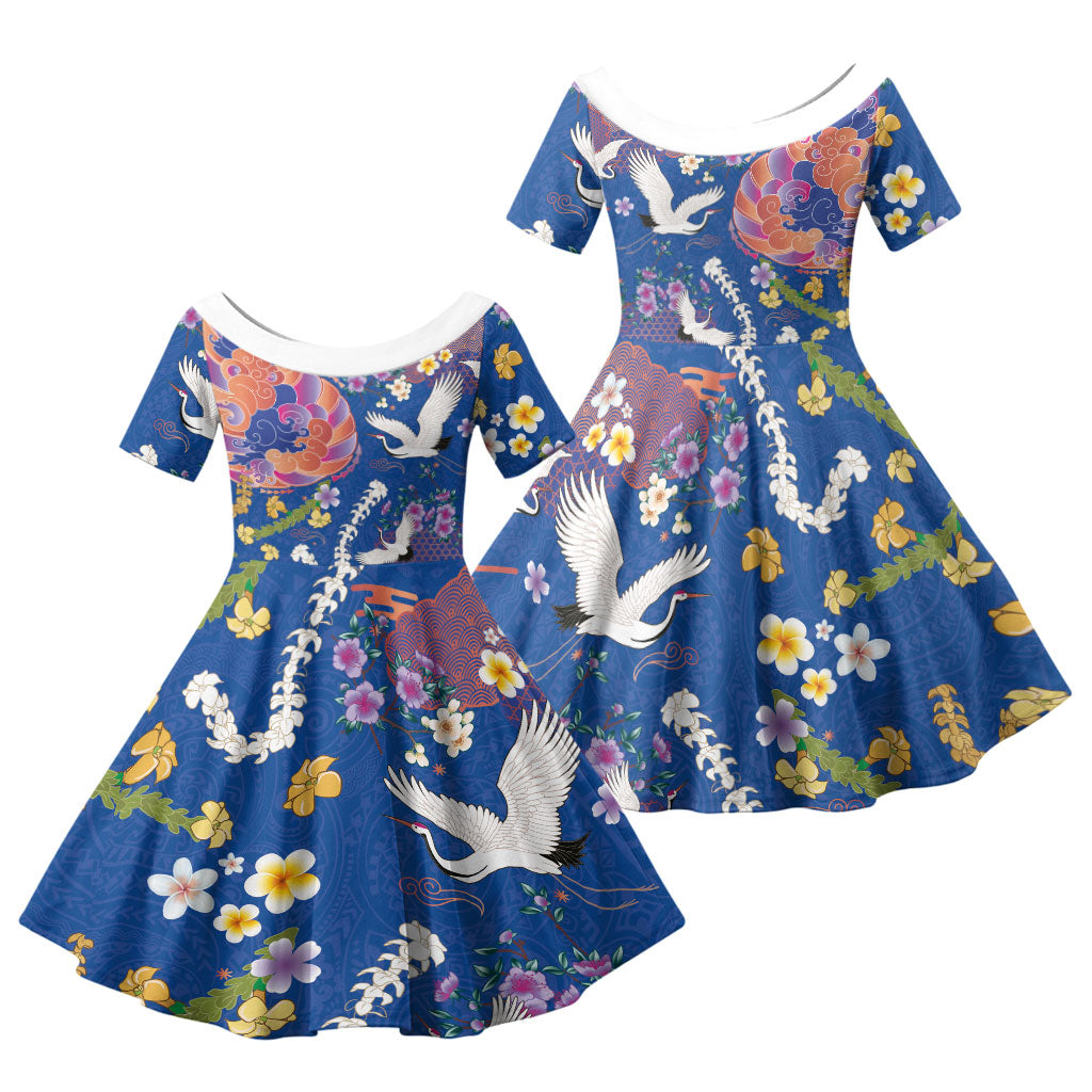 Hawaiian and Japanese Culture Together Family Matching Puletasi and Hawaiian Shirt Kakau Tribal Pattern and Irezumi Art Blue Color LT03 Daughter's Dress Blue - Polynesian Pride