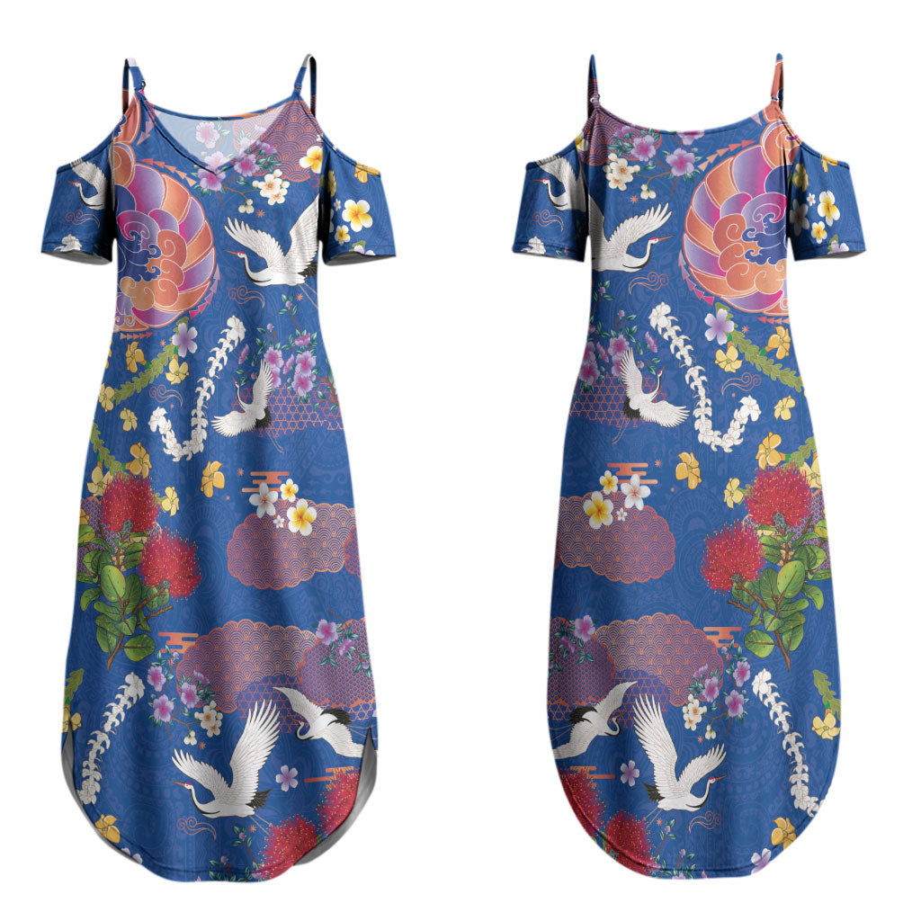 Hawaiian and Japanese Culture Together Family Matching Summer Maxi Dress and Hawaiian Shirt Kakau Tribal Pattern and Irezumi Art Blue Color LT03 Mom's Dress Blue - Polynesian Pride