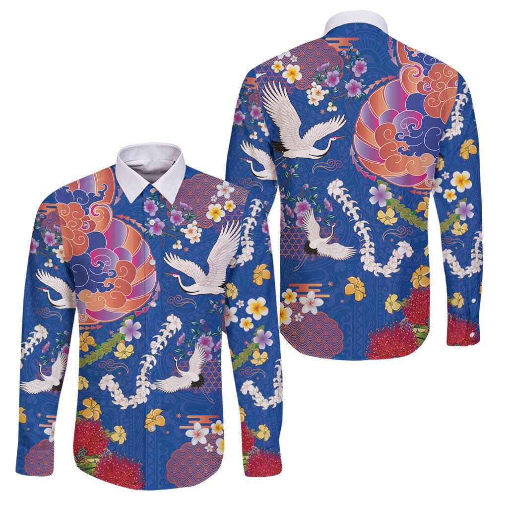 Hawaiian and Japanese Culture Together Family Matching Summer Maxi Dress and Hawaiian Shirt Kakau Tribal Pattern and Irezumi Art Blue Color LT03 Dad's Shirt - Long Sleeve Blue - Polynesian Pride