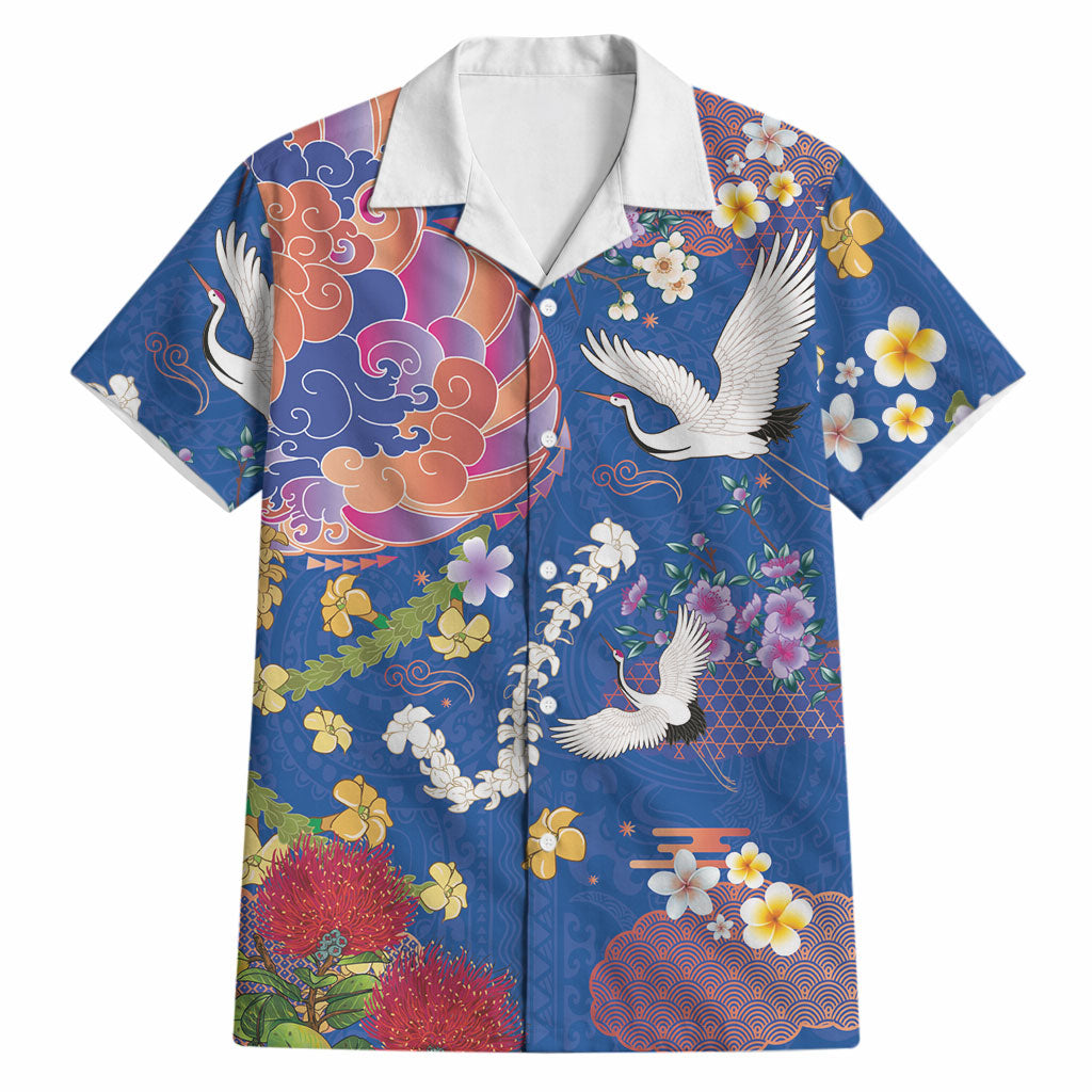 Hawaiian and Japanese Culture Together Hawaiian Shirt Kakau Tribal Pattern and Irezumi Art Blue Color