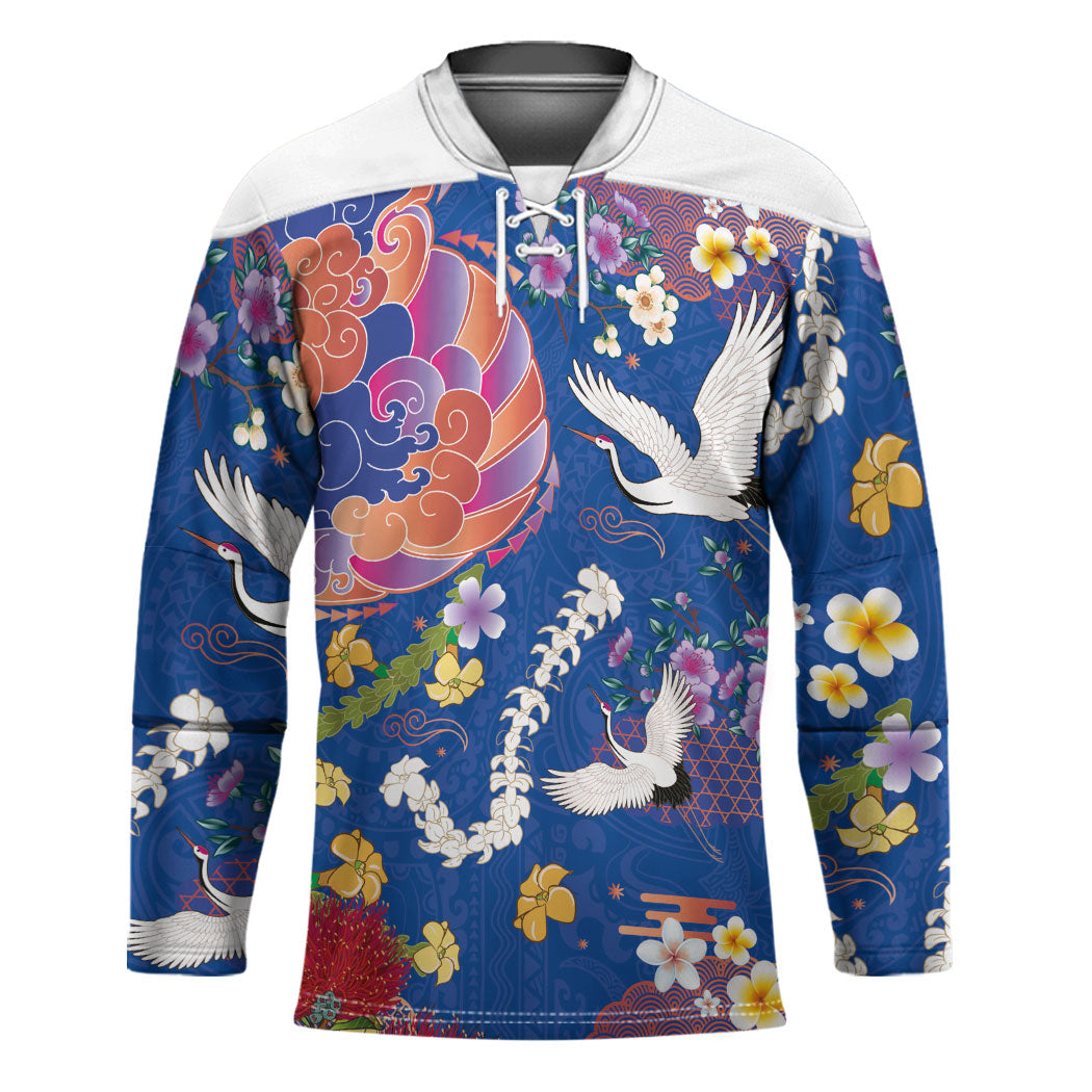 Hawaiian and Japanese Culture Together Hockey Jersey Kakau Tribal Pattern and Irezumi Art Blue Color