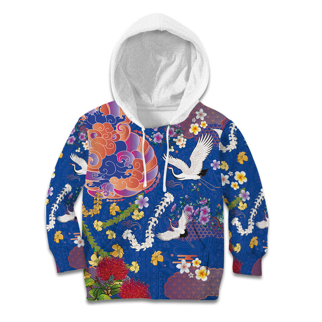 Hawaiian and Japanese Culture Together Kid Hoodie Kakau Tribal Pattern and Irezumi Art Blue Color