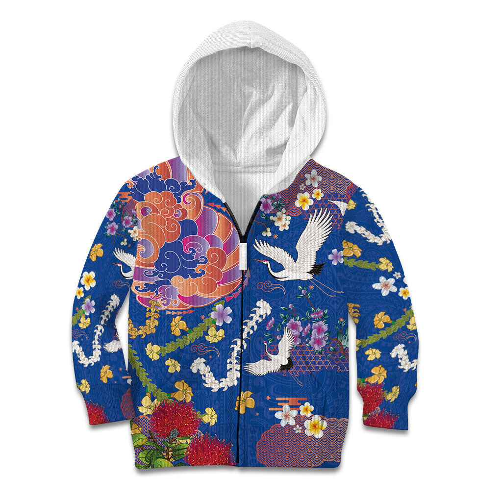 Hawaiian and Japanese Culture Together Kid Hoodie Kakau Tribal Pattern and Irezumi Art Blue Color