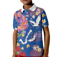 Hawaiian and Japanese Culture Together Kid Polo Shirt Kakau Tribal Pattern and Irezumi Art Blue Color