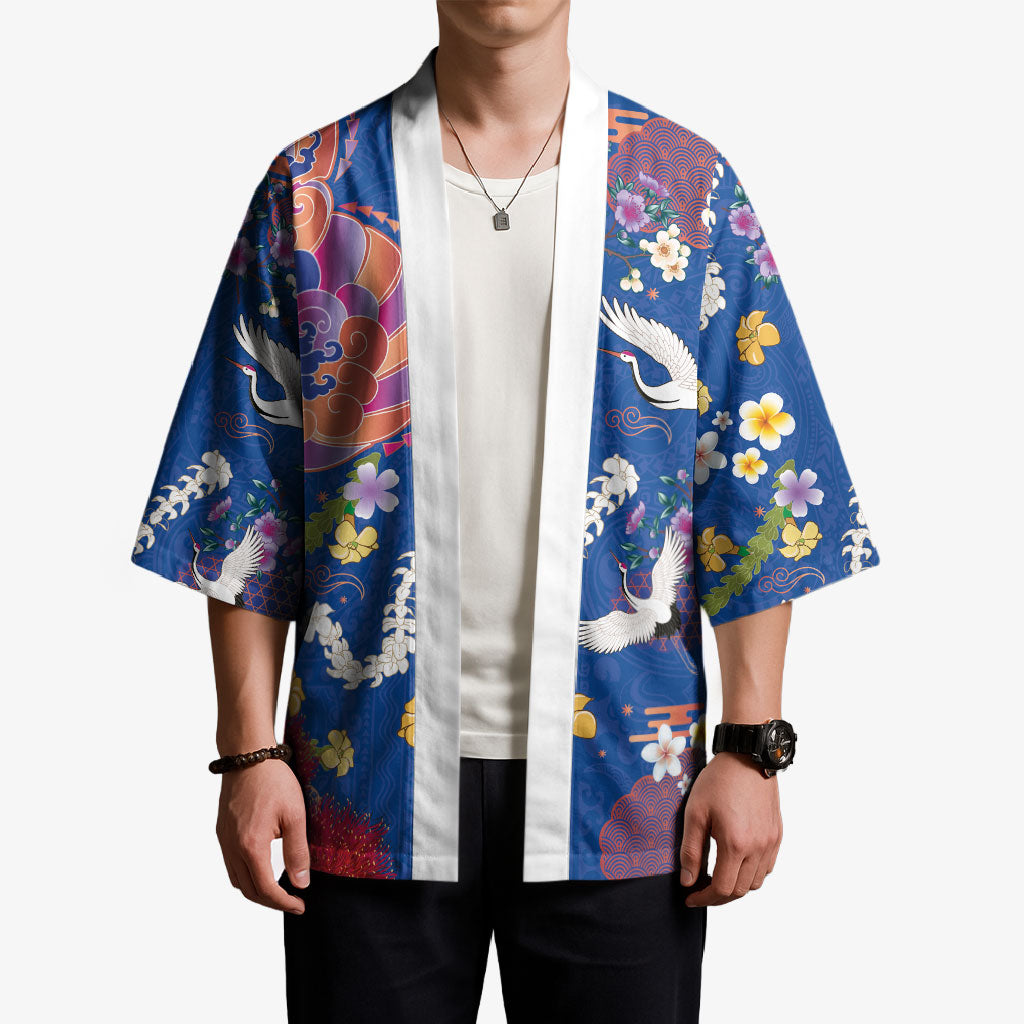 Hawaiian and Japanese Culture Together Kimono Kakau Tribal Pattern and Irezumi Art Blue Color