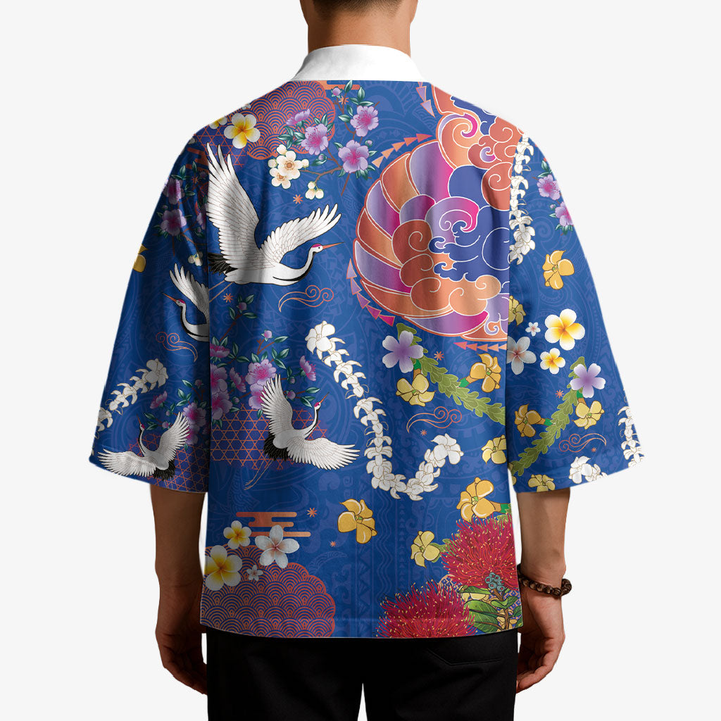 Hawaiian and Japanese Culture Together Kimono Kakau Tribal Pattern and Irezumi Art Blue Color