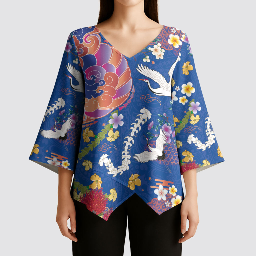 Hawaiian and Japanese Culture Together Kimono Sleeve Blouse Kakau Tribal Pattern and Irezumi Art Blue Color