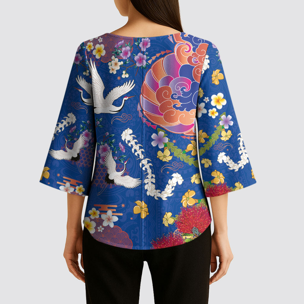 Hawaiian and Japanese Culture Together Kimono Sleeve Blouse Kakau Tribal Pattern and Irezumi Art Blue Color