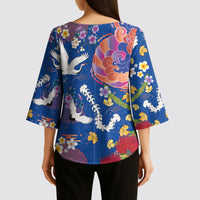 Hawaiian and Japanese Culture Together Kimono Sleeve Blouse Kakau Tribal Pattern and Irezumi Art Blue Color
