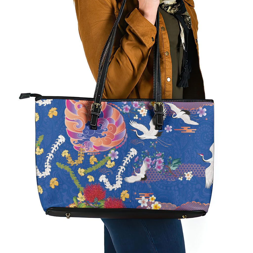 Hawaiian and Japanese Culture Together Leather Tote Bag Kakau Tribal Pattern and Irezumi Art Blue Color LT03 - Polynesian Pride