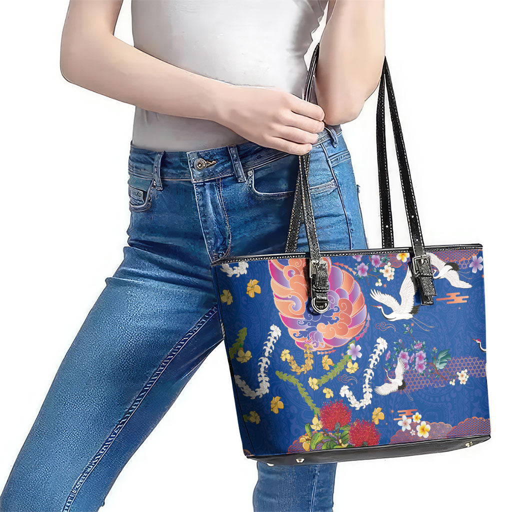 Hawaiian and Japanese Culture Together Leather Tote Bag Kakau Tribal Pattern and Irezumi Art Blue Color LT03 - Polynesian Pride