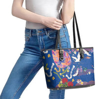 Hawaiian and Japanese Culture Together Leather Tote Bag Kakau Tribal Pattern and Irezumi Art Blue Color LT03 - Polynesian Pride