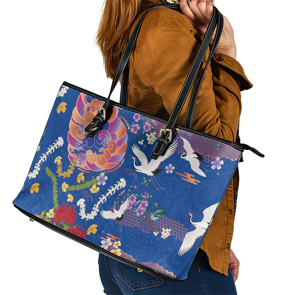 Hawaiian and Japanese Culture Together Leather Tote Bag Kakau Tribal Pattern and Irezumi Art Blue Color LT03 - Polynesian Pride