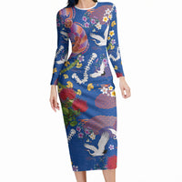 Hawaiian and Japanese Culture Together Long Sleeve Bodycon Dress Kakau Tribal Pattern and Irezumi Art Blue Color LT03 Long Dress Blue - Polynesian Pride