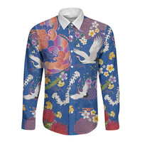 Hawaiian and Japanese Culture Together Long Sleeve Button Shirt Kakau Tribal Pattern and Irezumi Art Blue Color