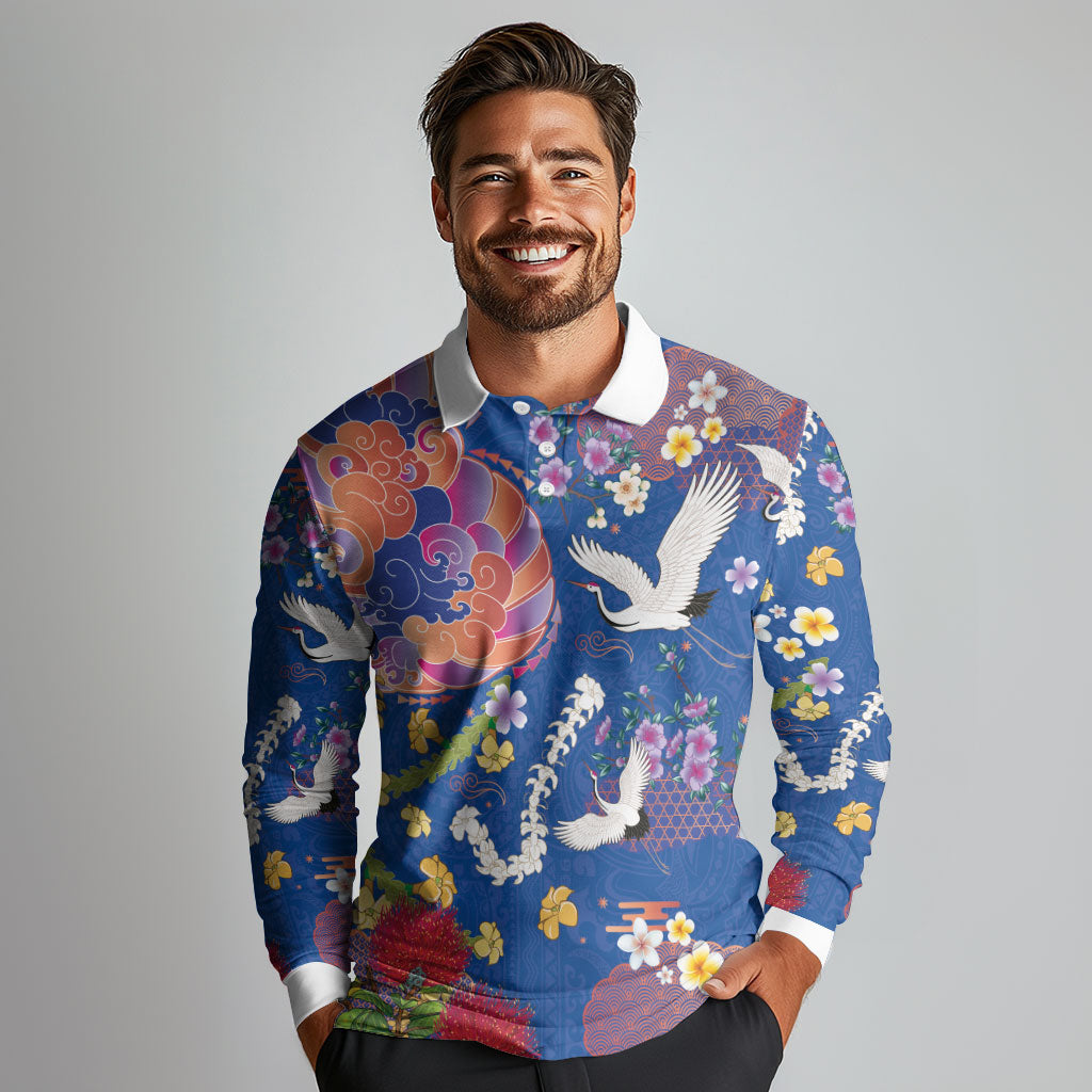 Hawaiian and Japanese Culture Together Long Sleeve Polo Shirt Kakau Tribal Pattern and Irezumi Art Blue Color